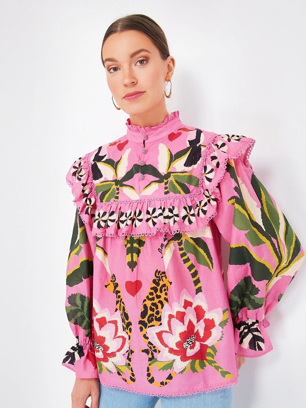 Farm Rio Leopard Forest Pink Floral Animal Print Blouse Size Medium